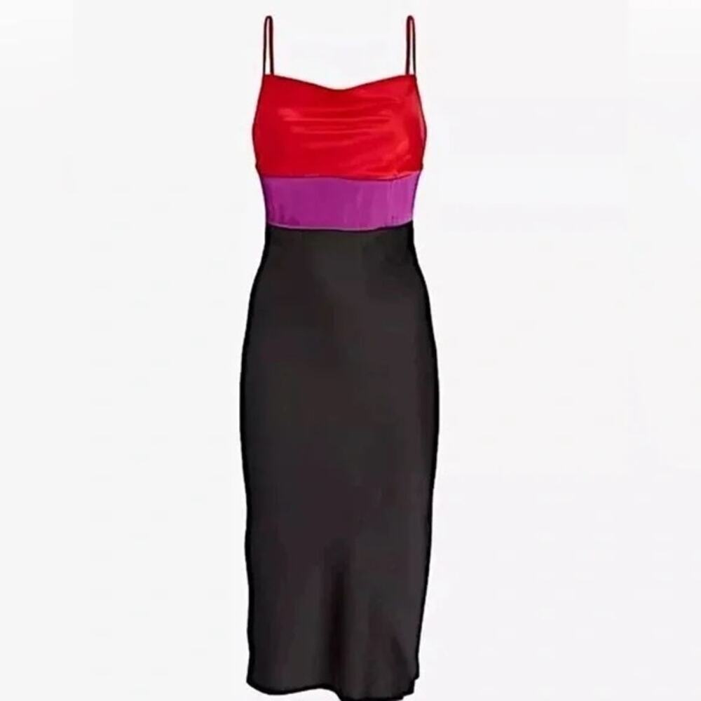 EXPRESS Satin Color Block Black Purple Tier Cowl Neck Y2k Midi Slip Dress